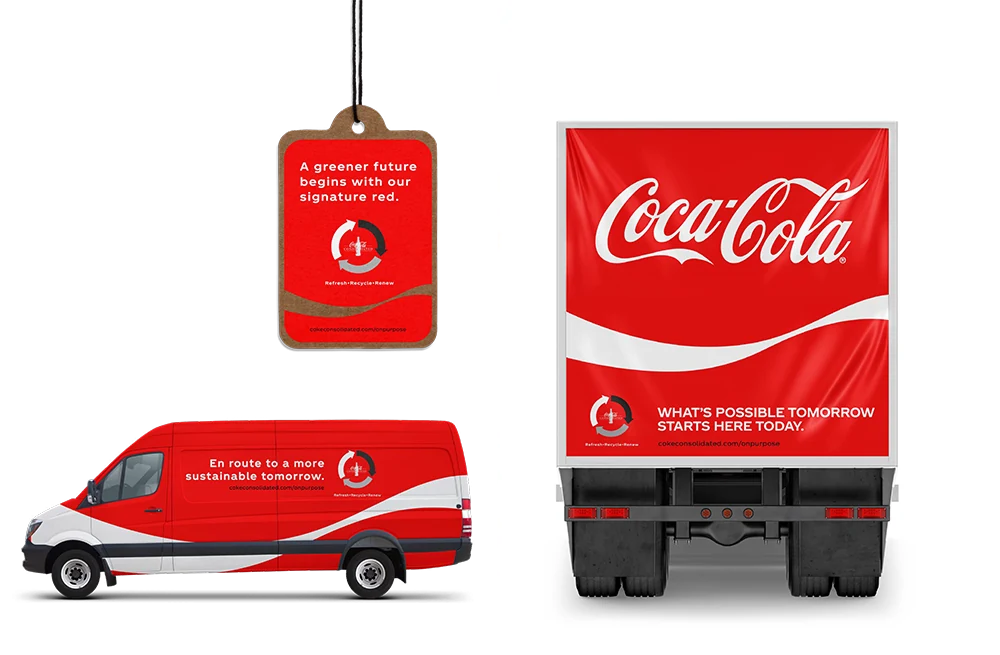 Sustainability graphics on a delivery van, a hang tag and a trailer door