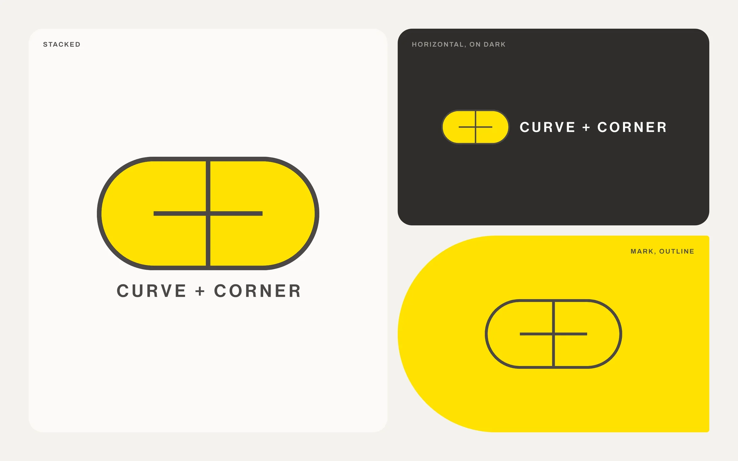 The Curve + Corner logo suite: stacked on paper, horizontal on charcoal and the outlined mark on yellow