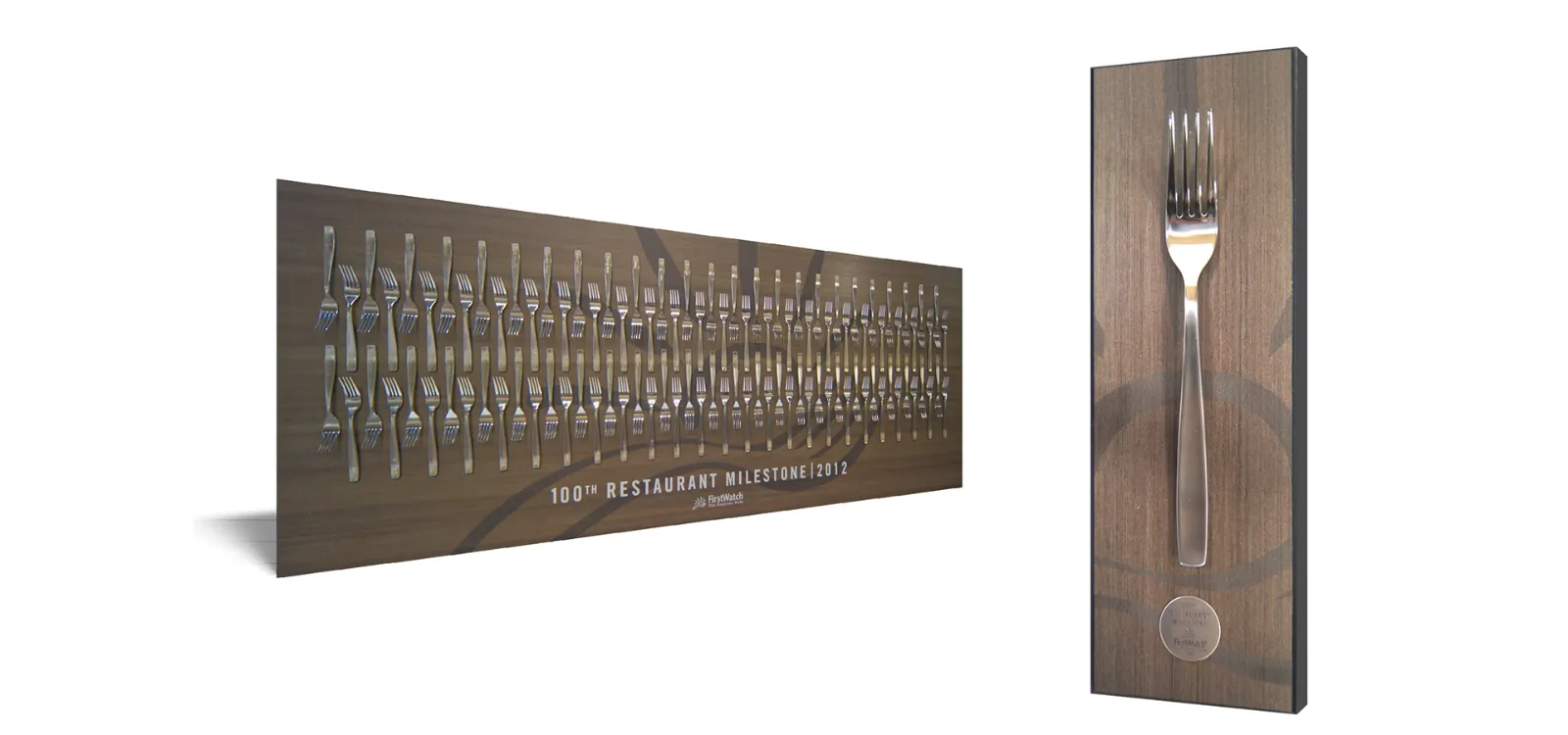 First Watch: Left, all 100 forks displayed together at corporate. Right, the single engraved fork made for display in each of the 100 restaurants.