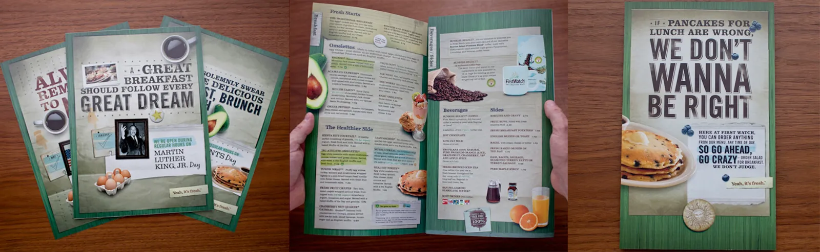 First Watch: Window signs, menus and tabletop materials