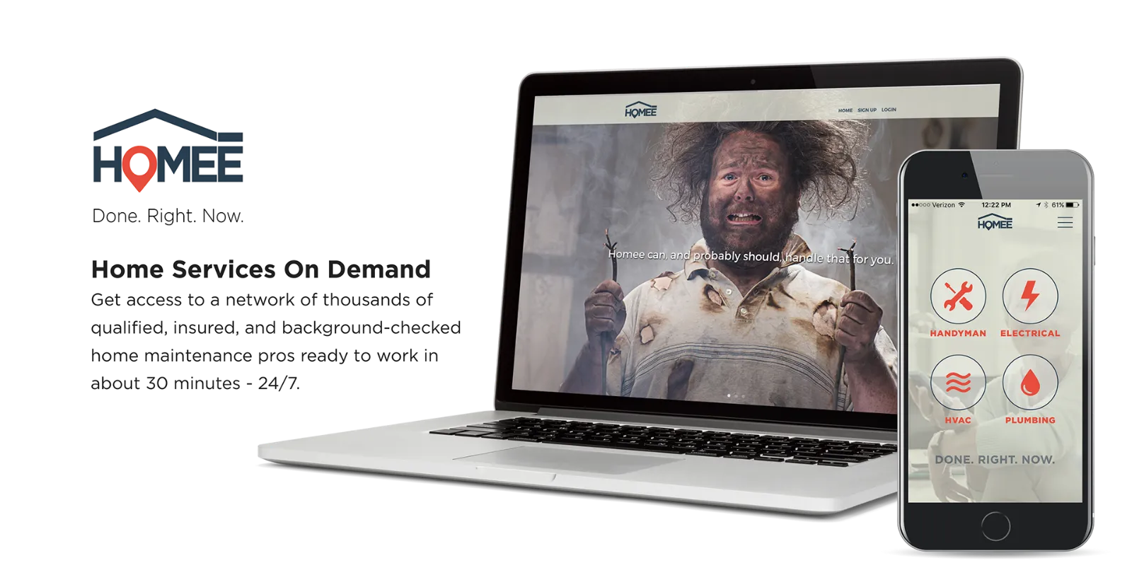 Homee website and app on a laptop and phone, with the headline Home Services On Demand