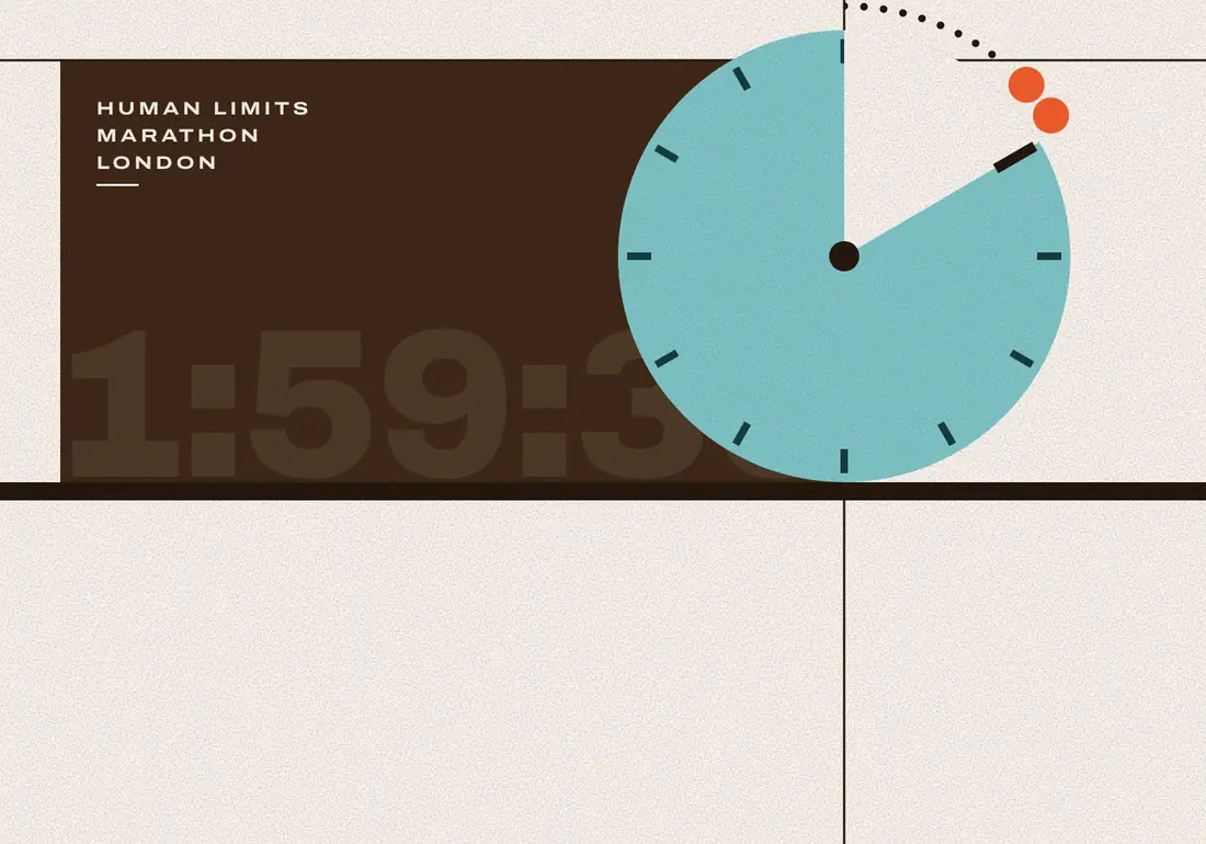 A large clock sits half on the block and half on the paper, with two orange dots near the finish.