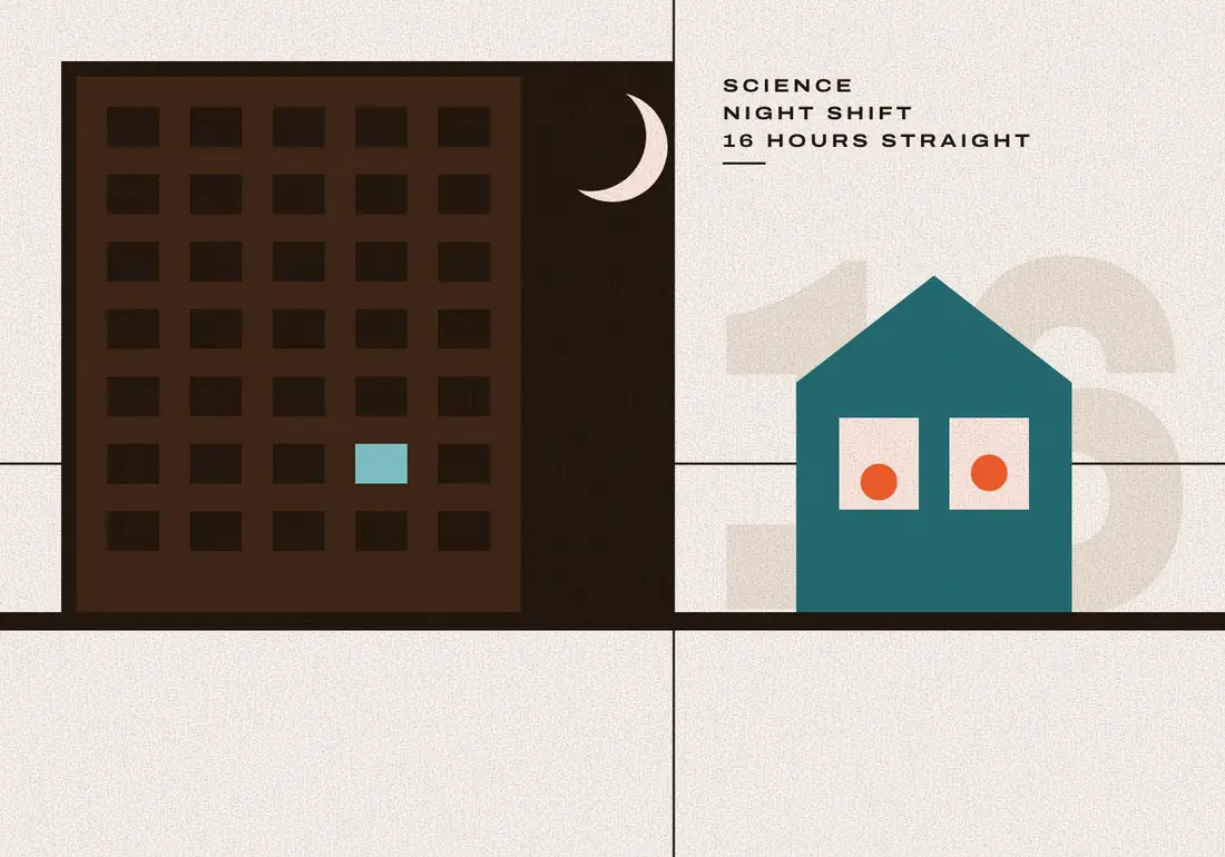 A dark office tower with one lit window, tied by a rule to a lit teal house at night.