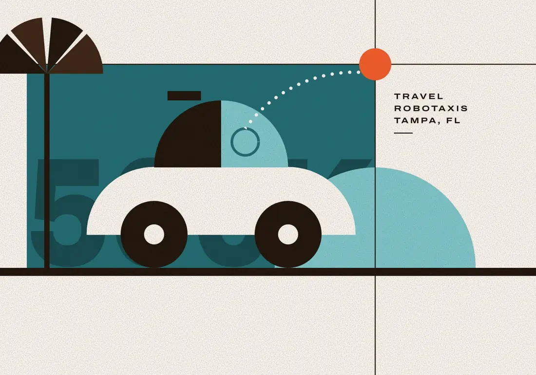 On cream paper, a teal block holds a short driverless car beside a palm tree. A dotted line runs from the empty seat to an orange dot, the rider, where two thin black rules cross.
