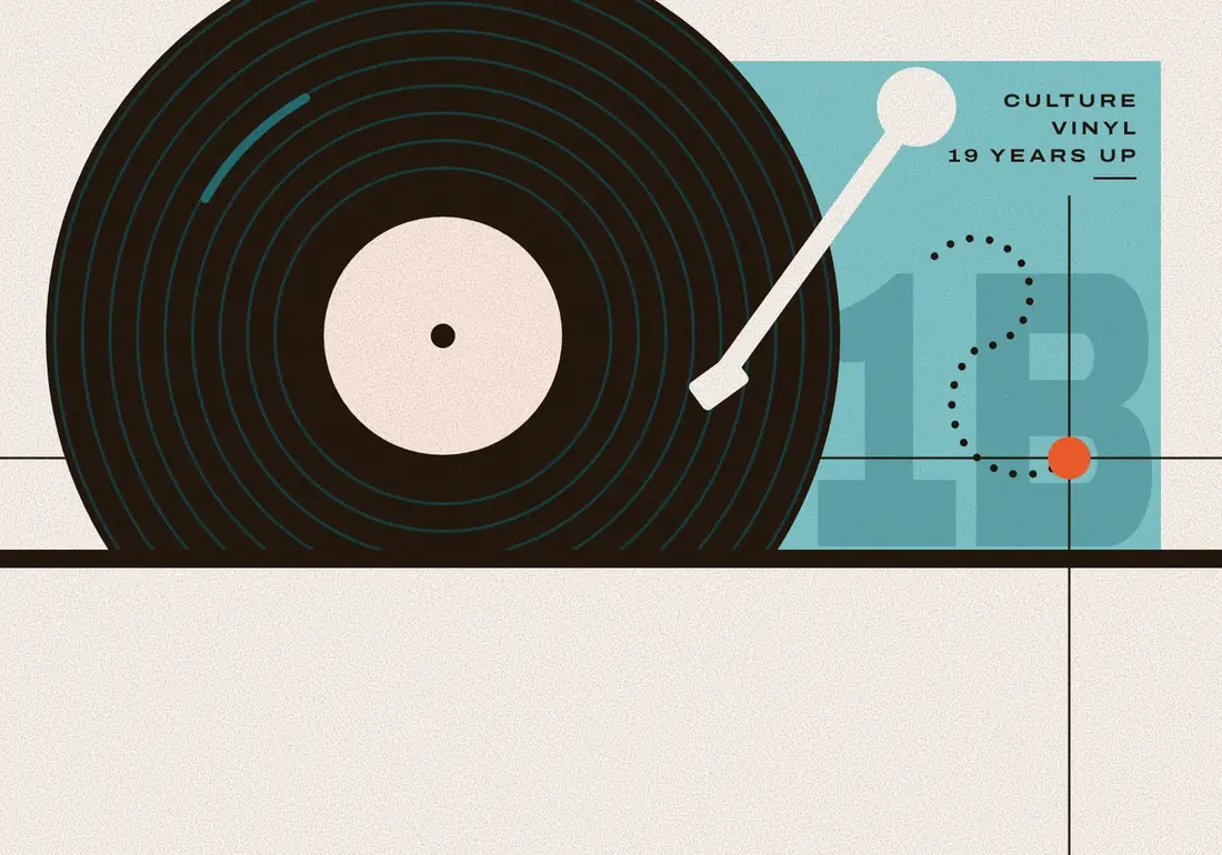 A large record crosses the edge of a light teal block, its tone arm resting on the groove.