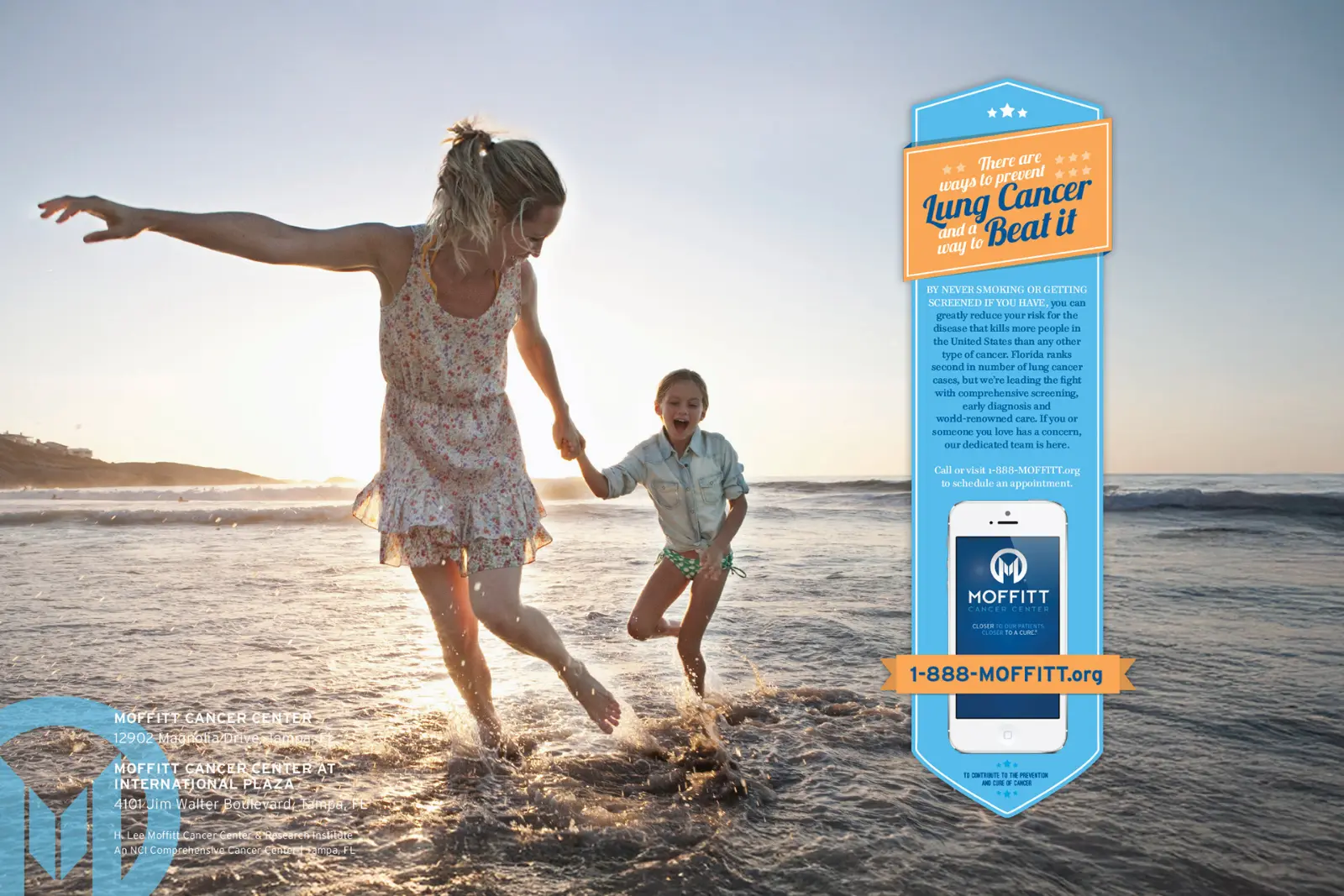 Moffitt ad of a mother and child running through the surf, with a Lung Cancer, Beat it badge
