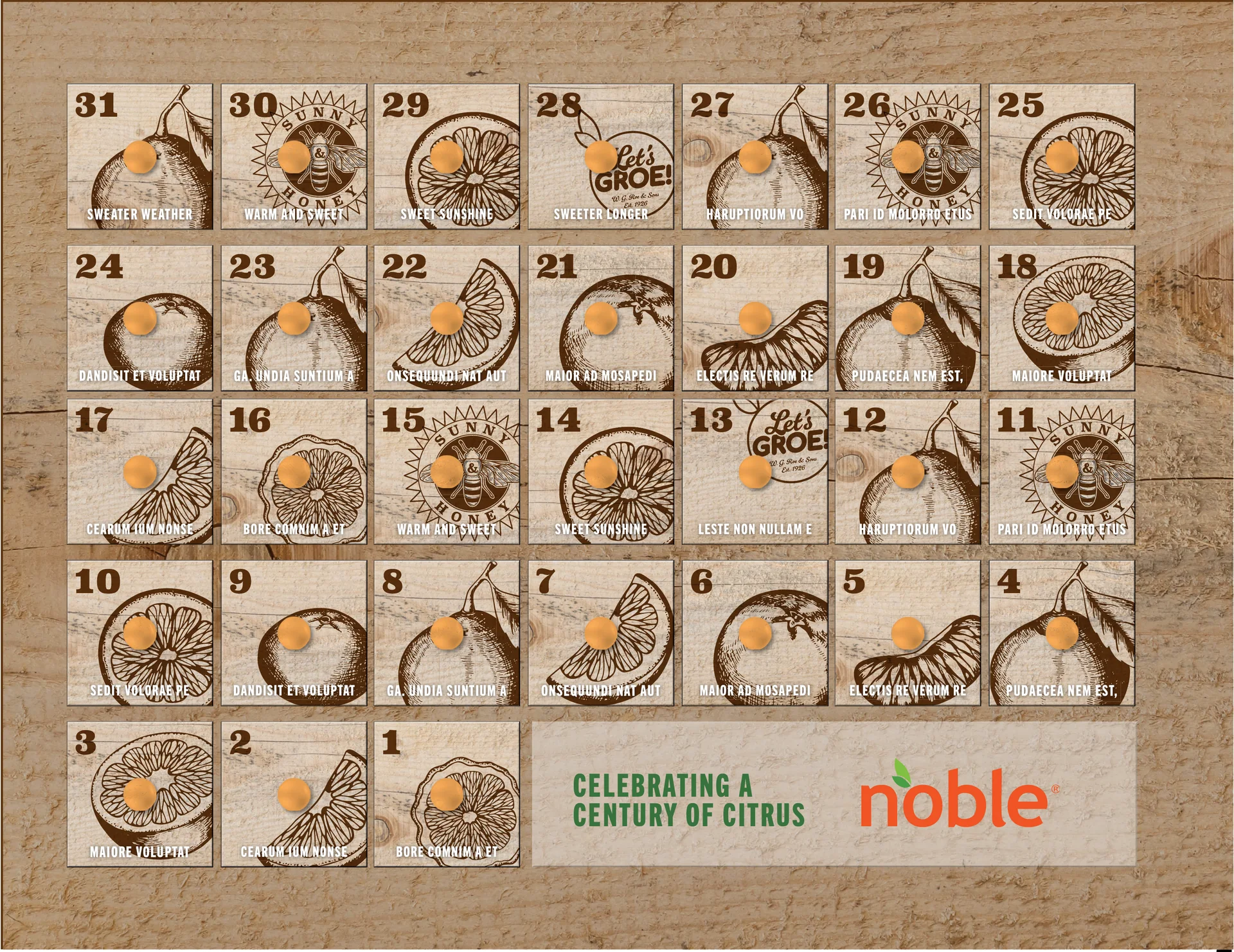 Advent calendar with 31 engraved doors counting down to the centennial, Celebrating a century of citrus
