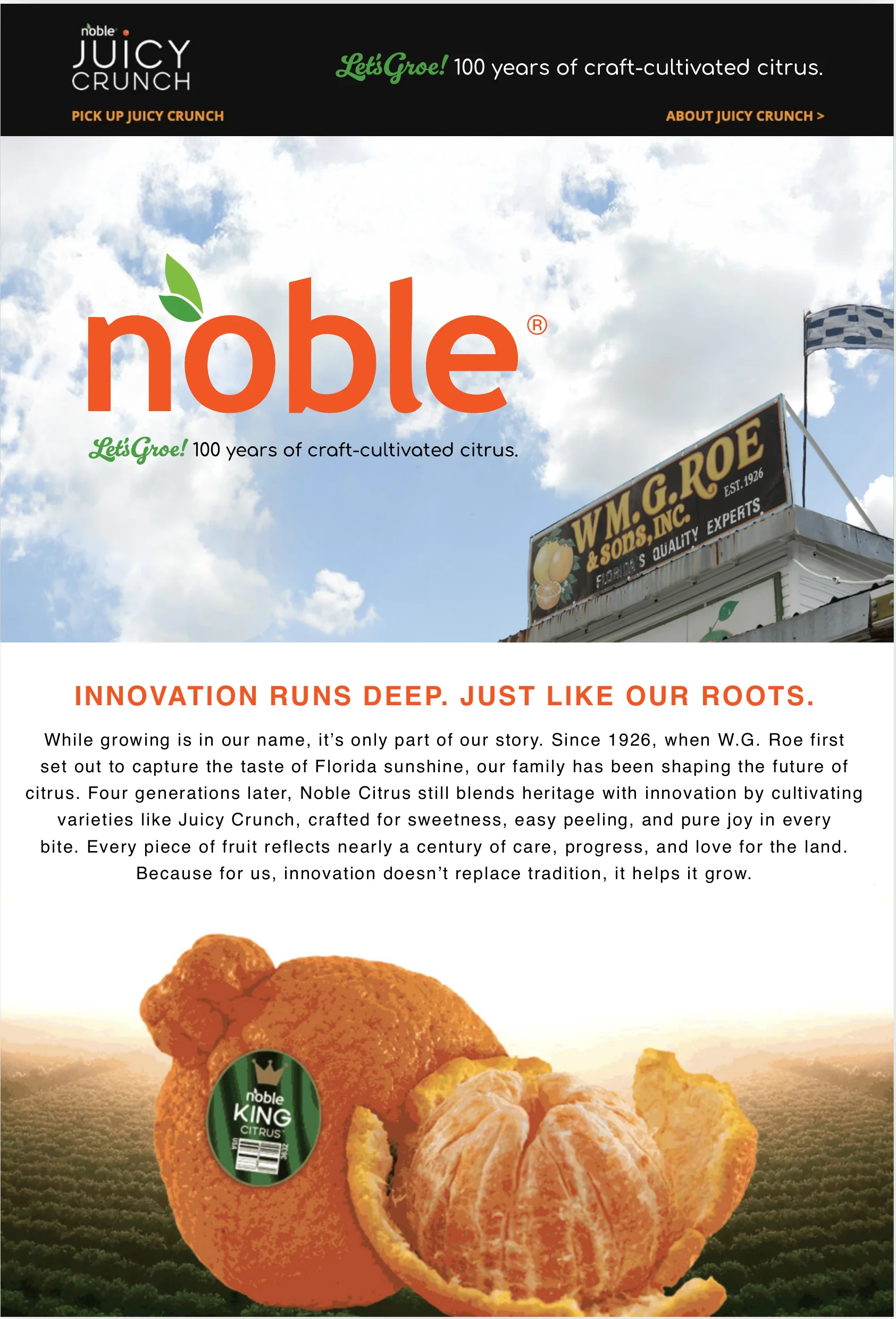 Noble blog page with the centennial lockup over the original W.G. Roe sign