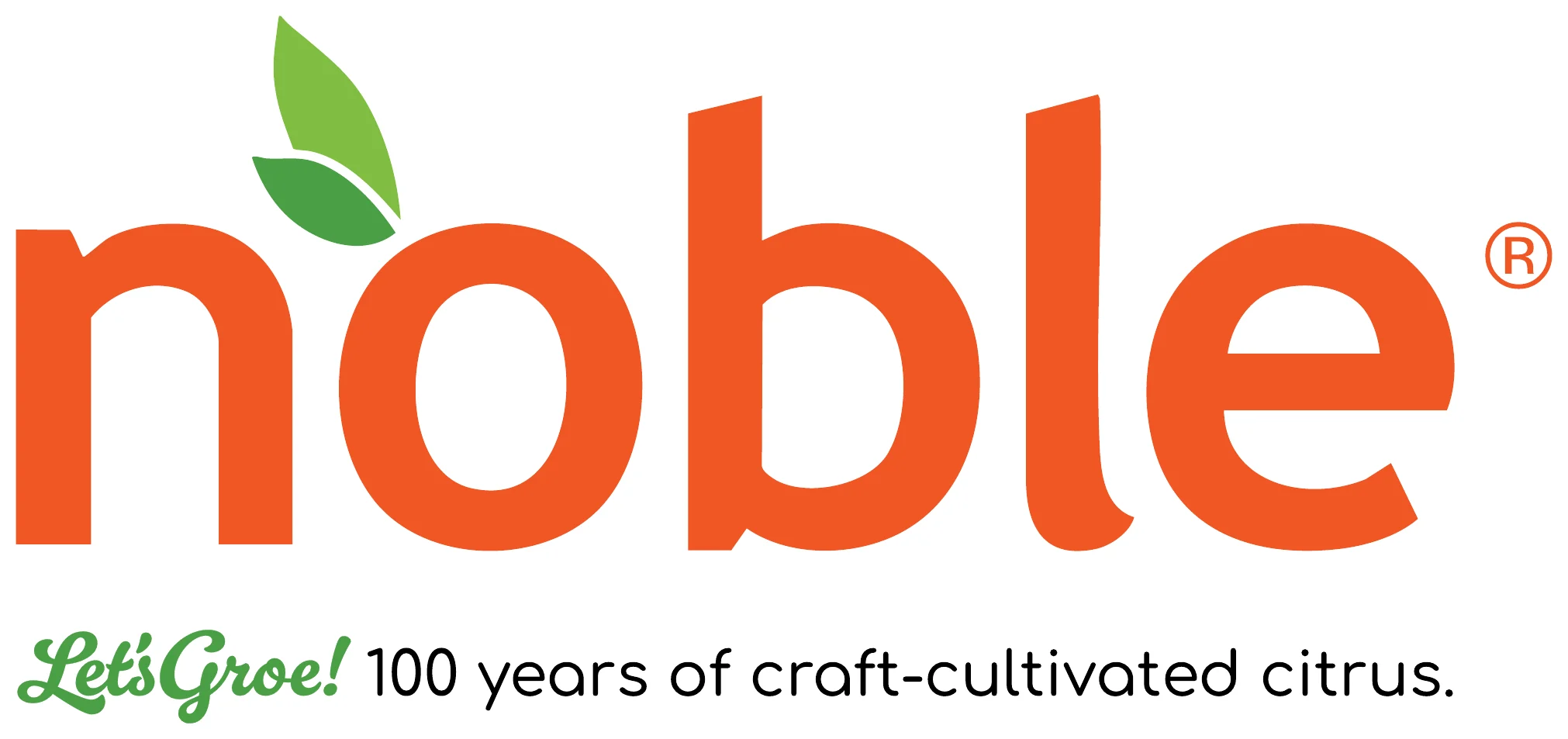 Noble logo with the line Let’s Groe! 100 years of craft-cultivated citrus