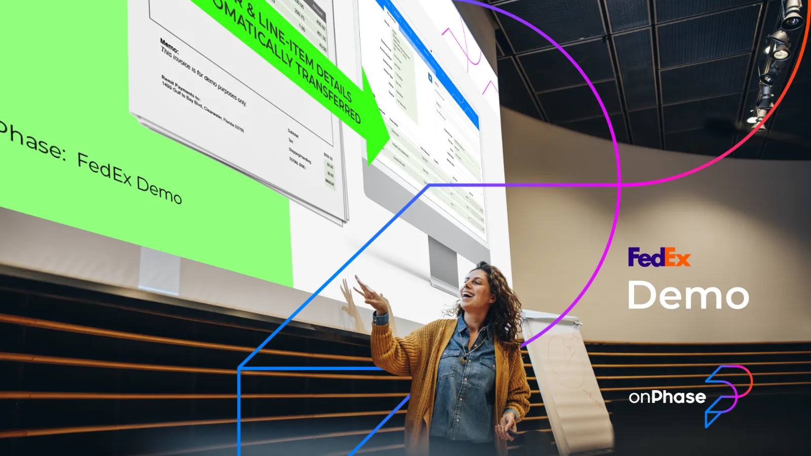 A presenter on stage at an onPhase product demo, framed by the onPhase line graphic